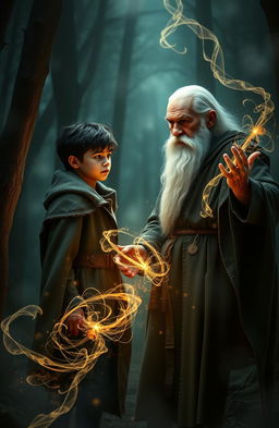In a dark and mysterious forest, a 16-year-old boy stands bravely in confrontation with an ancient magic professor