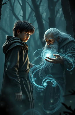 In a dark and mysterious forest, a 16-year-old boy stands bravely in confrontation with an ancient magic professor