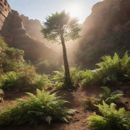 A small tree bathed in soft sunlight, nestled amongst a prehistoric landscape of 65 million years ago with towering dinosaurs and fern-like plants