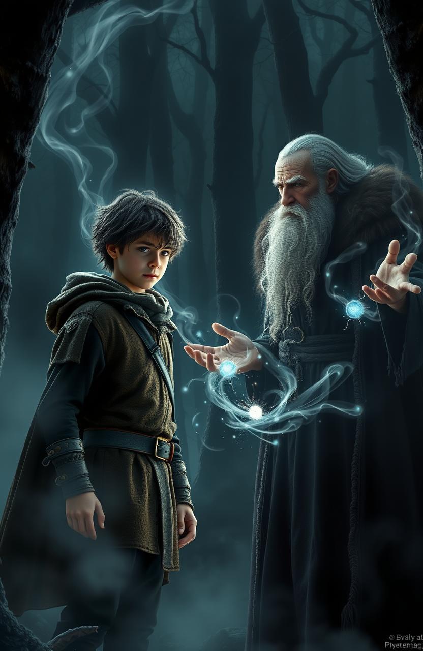 In a dark and mysterious forest, a 16-year-old boy stands bravely in confrontation with an ancient magic professor