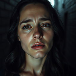 A woman in a dark alley, crying softly