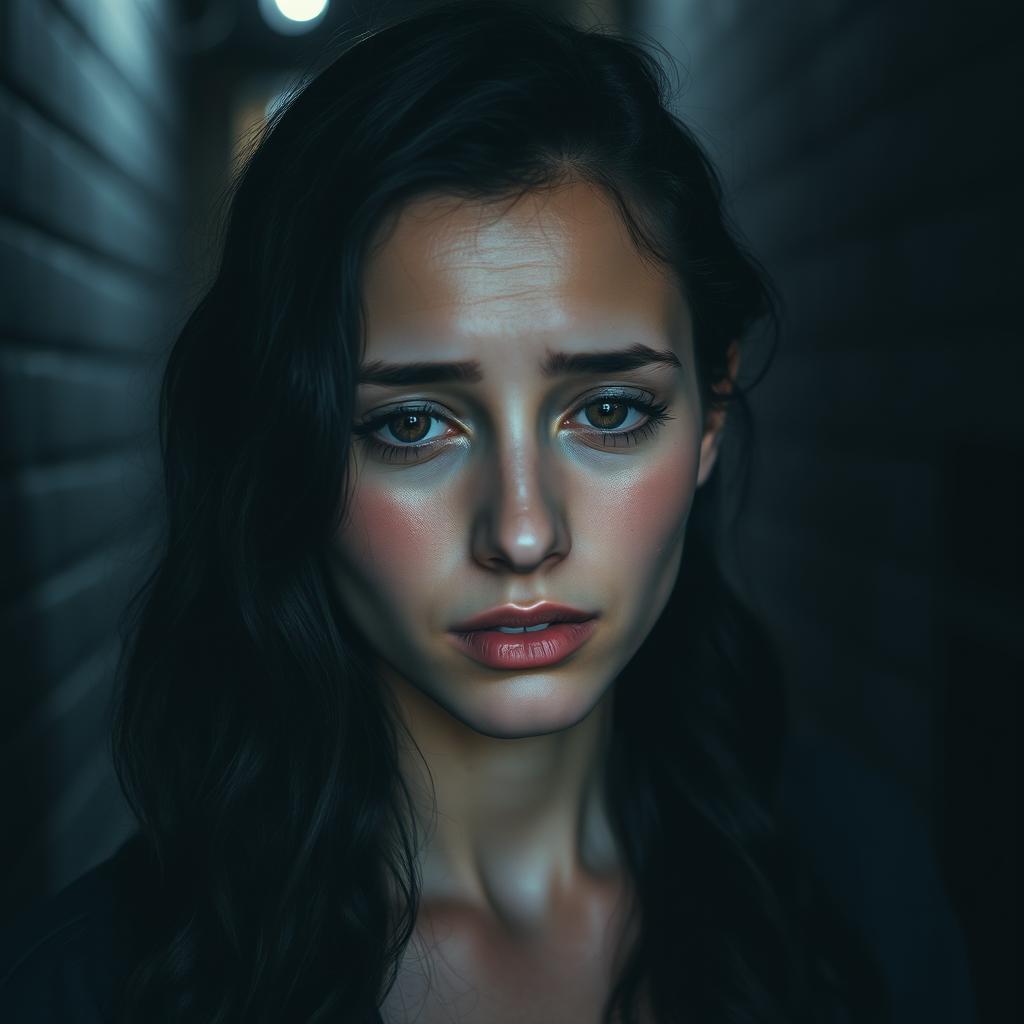 A woman in a dark alley, crying softly