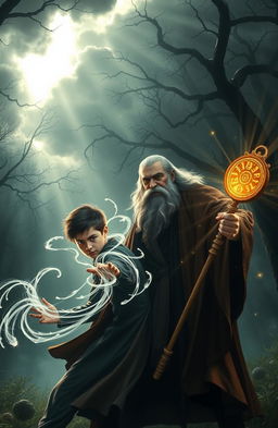 A dramatic scene depicting a battle in a gloomy, enchanted forest between an 18-year-old boy wielding magical powers and a wise old magic professor