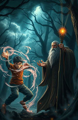 A dramatic scene depicting a battle in a gloomy, enchanted forest between an 18-year-old boy wielding magical powers and a wise old magic professor