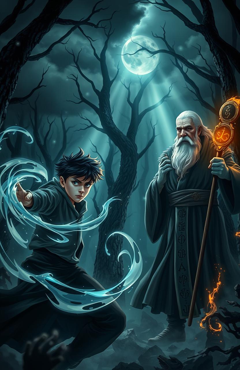 A dramatic scene depicting a battle in a gloomy, enchanted forest between an 18-year-old boy wielding magical powers and a wise old magic professor