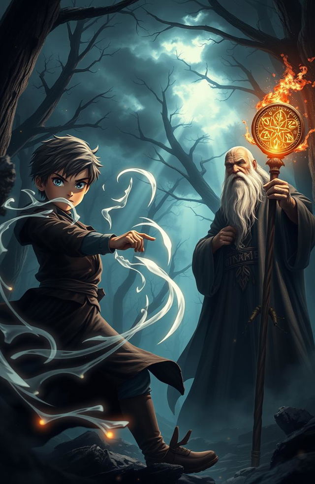 A dramatic scene depicting a battle in a gloomy, enchanted forest between an 18-year-old boy wielding magical powers and a wise old magic professor