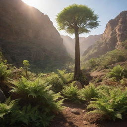 A small tree bathed in soft sunlight, nestled amongst a prehistoric landscape of 65 million years ago with towering dinosaurs and fern-like plants