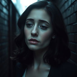 A woman in a dark alley, crying softly