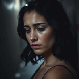 A woman in a dark alley, crying softly