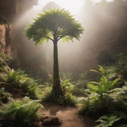 A small tree bathed in soft sunlight, nestled amongst a prehistoric landscape of 65 million years ago with towering dinosaurs and fern-like plants