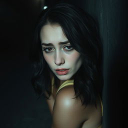 A woman crouched in a corner of a dark, empty alley, crying softly