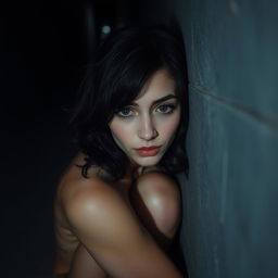 A woman crouched in a corner of a dark, empty alley, crying softly