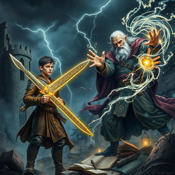 A dramatic fantasy scene depicting a fierce battle between a 20-year-old young man and an elderly magic professor