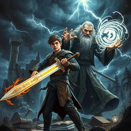 A dramatic fantasy scene depicting a fierce battle between a 20-year-old young man and an elderly magic professor