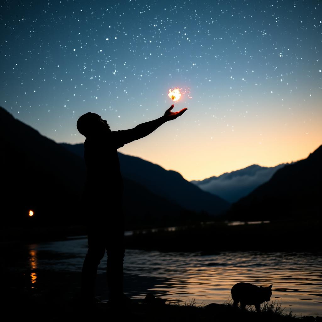 A striking silhouette of an African American figure skillfully tossing a small fireball, standing confidently in a serene river valley