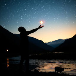 A striking silhouette of an African American figure skillfully tossing a small fireball, standing confidently in a serene river valley