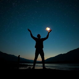 A striking silhouette of an African American figure skillfully tossing a small fireball, standing confidently in a serene river valley
