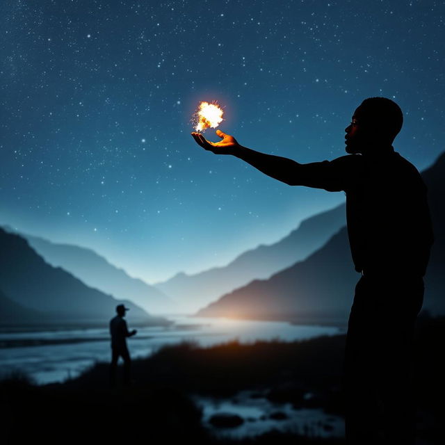 A striking silhouette of an African American figure skillfully tossing a small fireball, standing confidently in a serene river valley