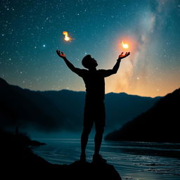 A striking silhouette of an African American figure skillfully tossing a small fireball, standing confidently in a serene river valley