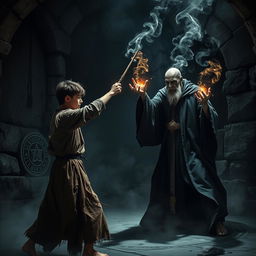 A dramatic scene depicting a battle between a 20-year-old male student and an ancient magic professor in a gloomy, mystical setting