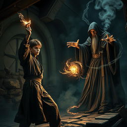 A dramatic scene depicting a battle between a 20-year-old male student and an ancient magic professor in a gloomy, mystical setting