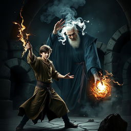 A dramatic scene depicting a battle between a 20-year-old male student and an ancient magic professor in a gloomy, mystical setting