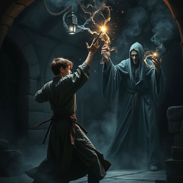 A dramatic scene depicting a battle between a 20-year-old male student and an ancient magic professor in a gloomy, mystical setting