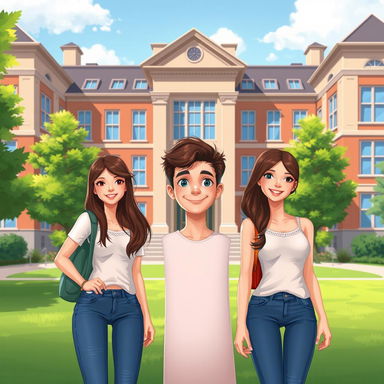 A vibrant 2D illustration of a university campus building in the background, featuring a classic architectural style with large windows and greenery surrounding it