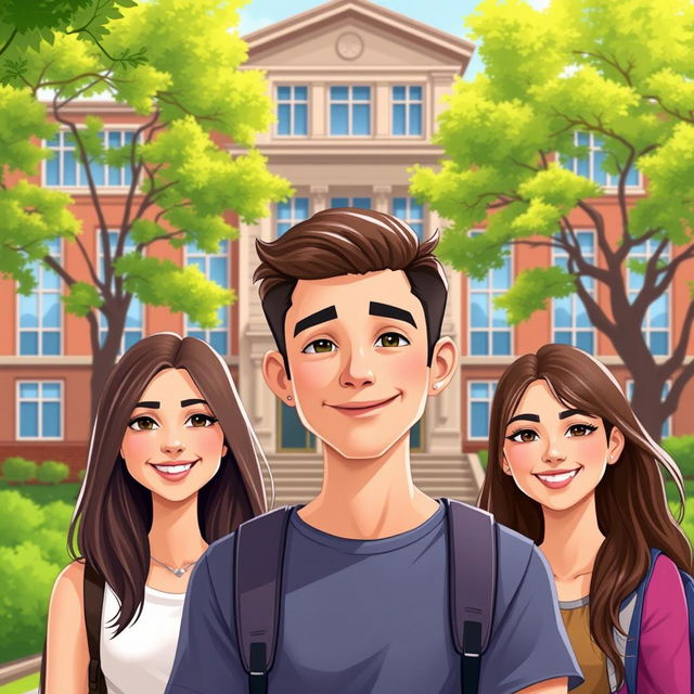 A vibrant 2D illustration of a university campus building in the background, featuring a classic architectural style with large windows and greenery surrounding it