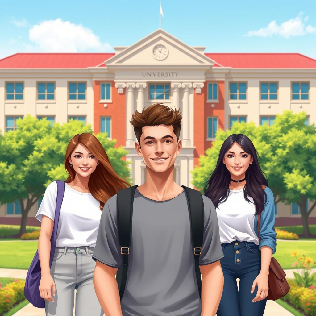 A vibrant 2D illustration of a university campus building in the background, featuring a classic architectural style with large windows and greenery surrounding it