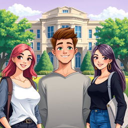A vibrant 2D illustration of a university campus building in the background, featuring a classic architectural style with large windows and greenery surrounding it