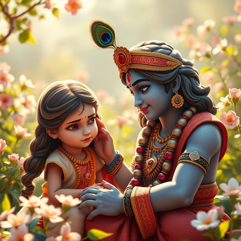 A serene and tender moment depicting Lord Krishna calming an angry young girl