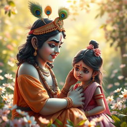A serene and tender moment depicting Lord Krishna calming an angry young girl