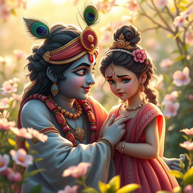 A serene and tender moment depicting Lord Krishna calming an angry young girl