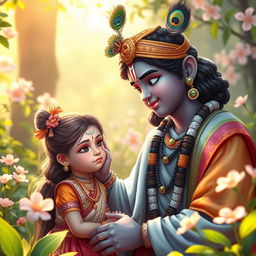 A serene and tender moment depicting Lord Krishna calming an angry young girl