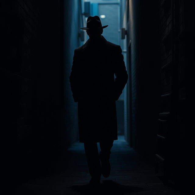 A tall, dark-skinned man wearing a stylish black overcoat and a matching hat is confidently walking into a dark alley