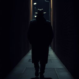 A tall, dark-skinned man wearing a stylish black overcoat and a matching hat is confidently walking into a dark alley