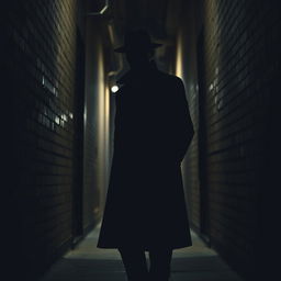 A tall, dark-skinned man wearing a stylish black overcoat and a matching hat is confidently walking into a dark alley
