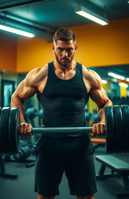 A powerful fitness scene featuring a muscular man in a vibrant gym setting, lifting heavy weights with determination