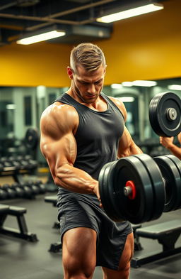 A powerful fitness scene featuring a muscular man in a vibrant gym setting, lifting heavy weights with determination