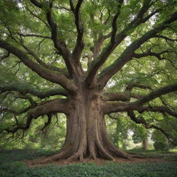 A grand tree, once small, thriving through the prehistoric era and ice age, now towering in the present day with broad leaves and a sturdy trunk, a testament to time's passage