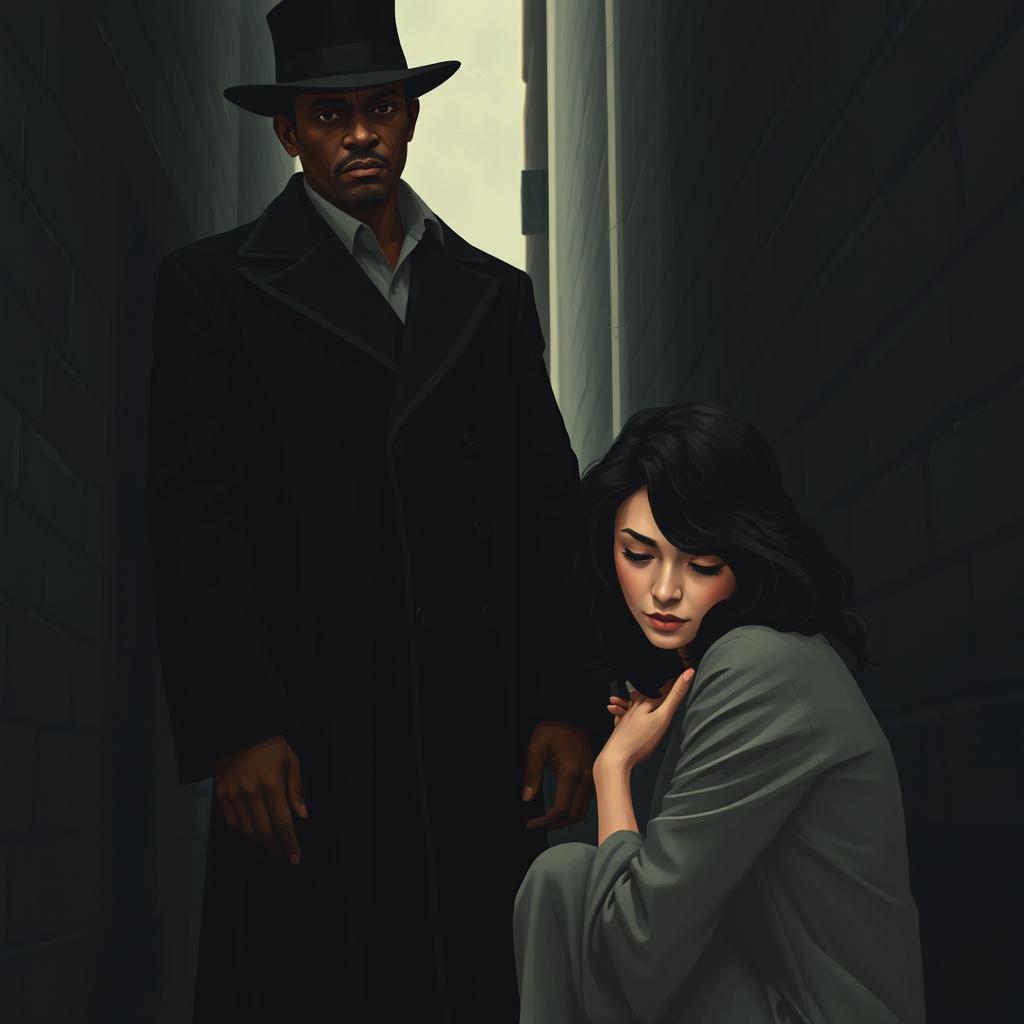 A tall, dark-skinned man wearing a stylish black overcoat and a matching hat stands imposingly in front of a fair-skinned woman with an angelic face