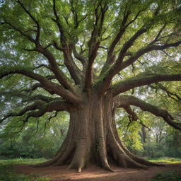 A grand tree, once small, thriving through the prehistoric era and ice age, now towering in the present day with broad leaves and a sturdy trunk, a testament to time's passage