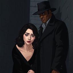 A tall, dark-skinned man wearing a stylish black overcoat and a matching hat stands imposingly in front of a fair-skinned woman with an angelic face