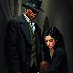 A tall, dark-skinned man wearing a stylish black overcoat and a matching hat stands imposingly in front of a fair-skinned woman with an angelic face