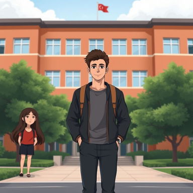 A 2D illustration of a campus building serving as the background, showcasing a handsome male figure with a normal appearance standing in front of the building