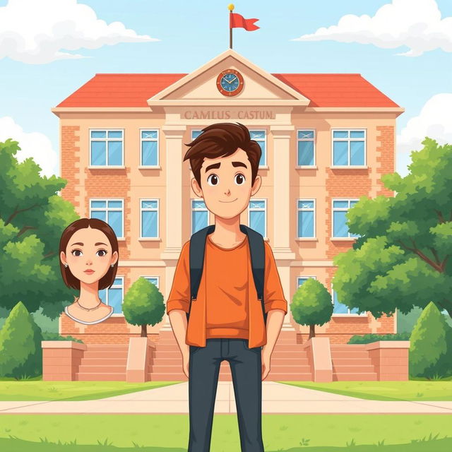 A 2D illustration of a campus building serving as the background, showcasing a handsome male figure with a normal appearance standing in front of the building