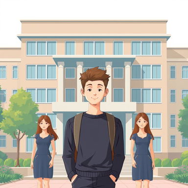 A 2D illustration of a campus building serving as the background, showcasing a handsome male figure with a normal appearance standing in front of the building