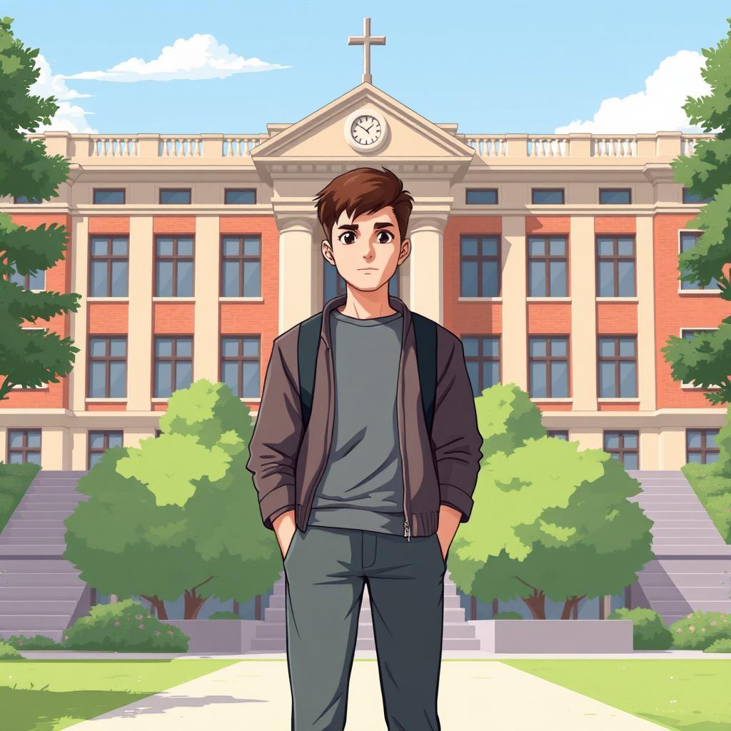 A 2D illustration of a campus building serving as the background, showcasing a handsome male figure with a normal appearance standing in front of the building