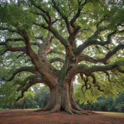 A grand tree, once small, thriving through the prehistoric era and ice age, now towering in the present day with broad leaves and a sturdy trunk, a testament to time's passage